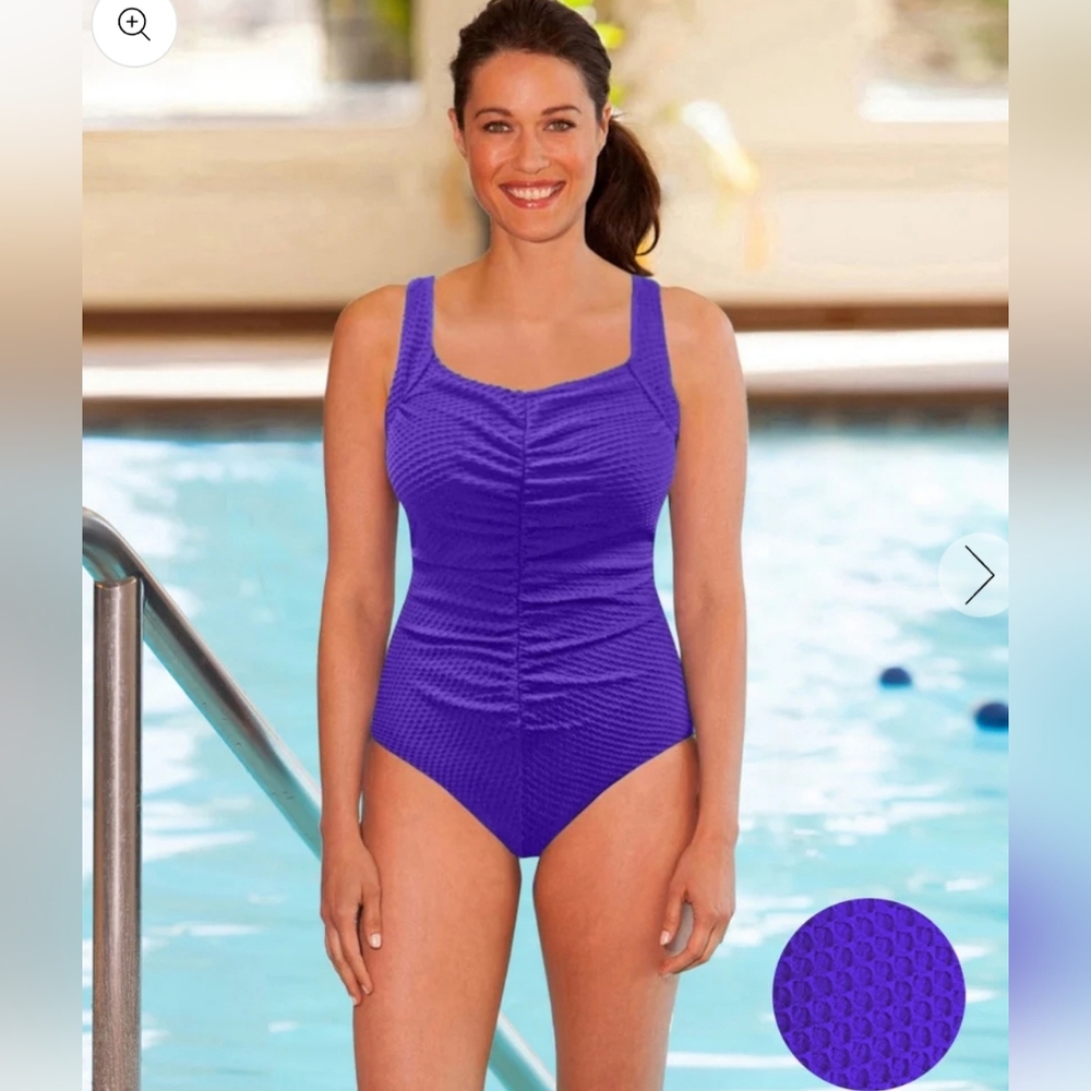 Swim & Sweat Chlorine Resistant AQUAMORE Solid Textured Shirred Front One Piece